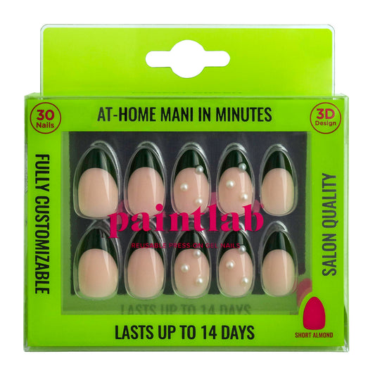PaintLab Press-On Nails Manicure Kit, Forest Green Almond, 30-Piece Set, Long-Lasting Fake Nails with Glue, File, Prep Pad & Cuticle Stick