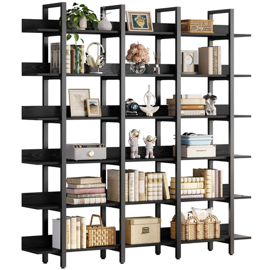 IRONCK Bookcase and Bookshelves Triple Wide 6 Tiers Large Open Shelves, Etagere Bookcases with Back Fence for Home Office Decor, Easy Assembly