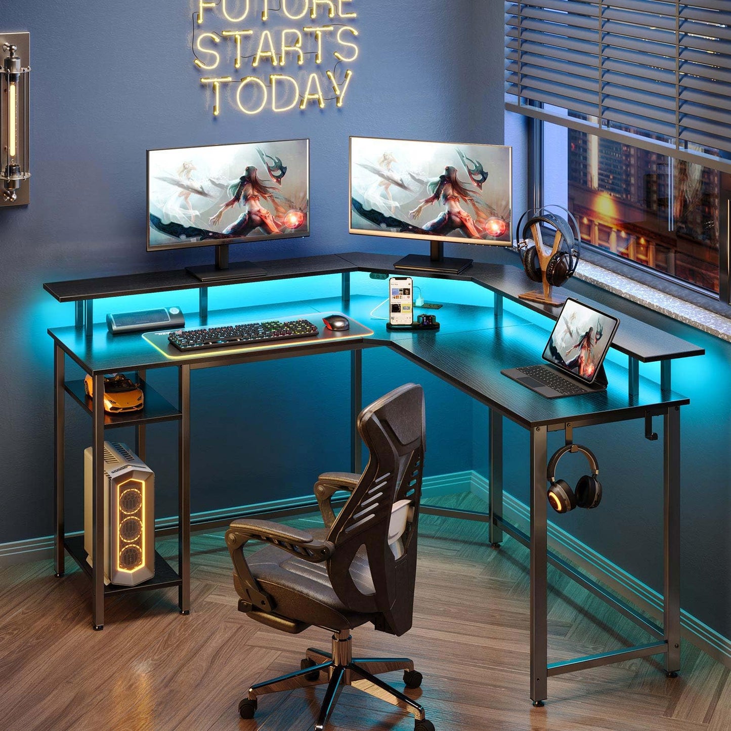 Rolanstar L Shaped Gaming Desk with LED Lights & Power Outlets, 53" Computer Desk with Full Monitor Stand & Storage Shelf, Corner Desk with Hooks, Black Desk Reversible