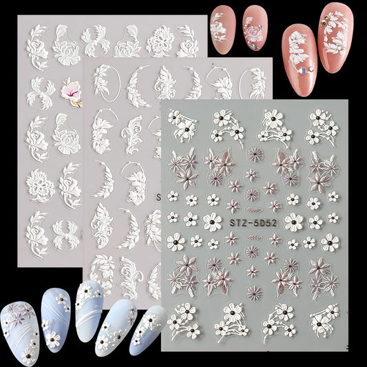 3 Sheets Flower Nail Art Stickers Decals 5D Self-Adhesive Nail Decals Spring/Summer White Fringed Iris Designs, Self-Adhesive Decals for Women's Nail DIY Decoration