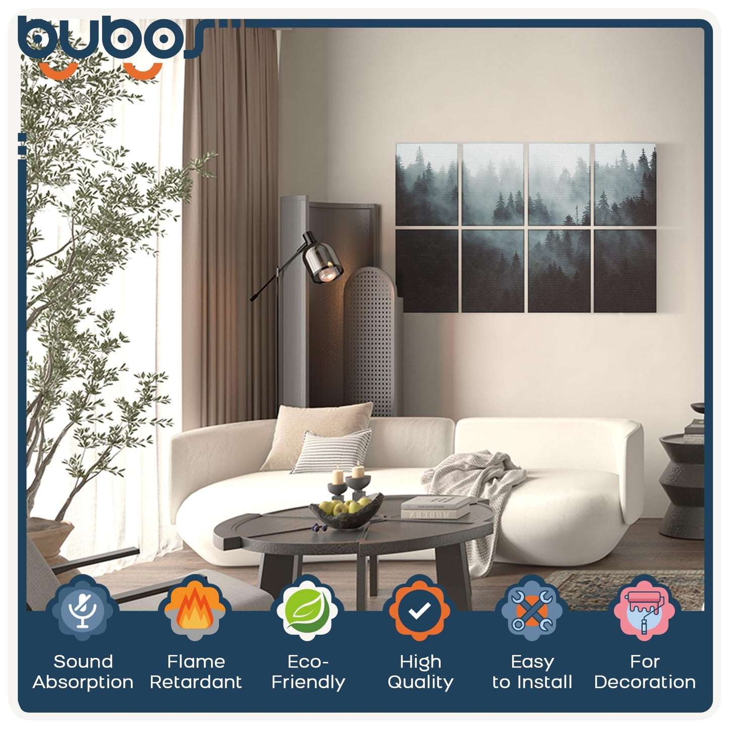 BUBOS 8 Pack Art Acoustic Panels Soundproof Wall Panel,47.2X31.4 Inches Sound Absorbing Panel,Self-Adhesive Decorative Acoustical Wall Panels, Acoustic Treatment for Ceiling Home Office（Fog Forest）