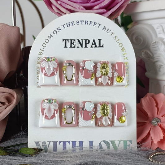 TENPAL Duckbill Press on Nails - White Blushing French Ombre Fake Nails with 3D Floral & Shell Design For Women Girls | Salon Quality Handmade Elegant Classic Style False Nails with Tools(L)