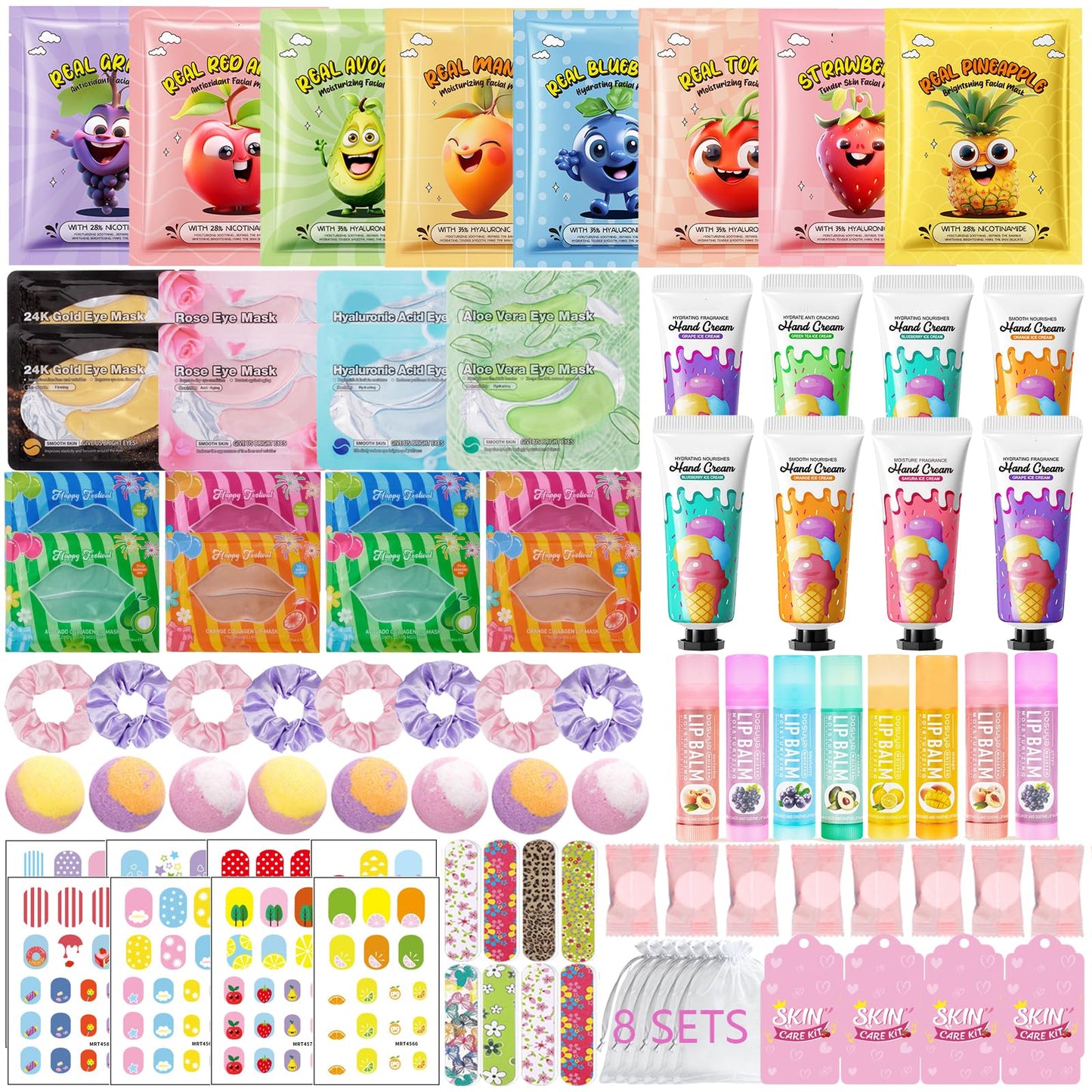 96 PCS Spa Party Supplies for Women,Spa Favors Include Face Masks, Hand Cream, Lip Balm, Under Eye Patches, Lip Mask,Foot Bomb,Nail Stickers,Sleepover Party Supplies Birthday Kit for Girls Gift Set