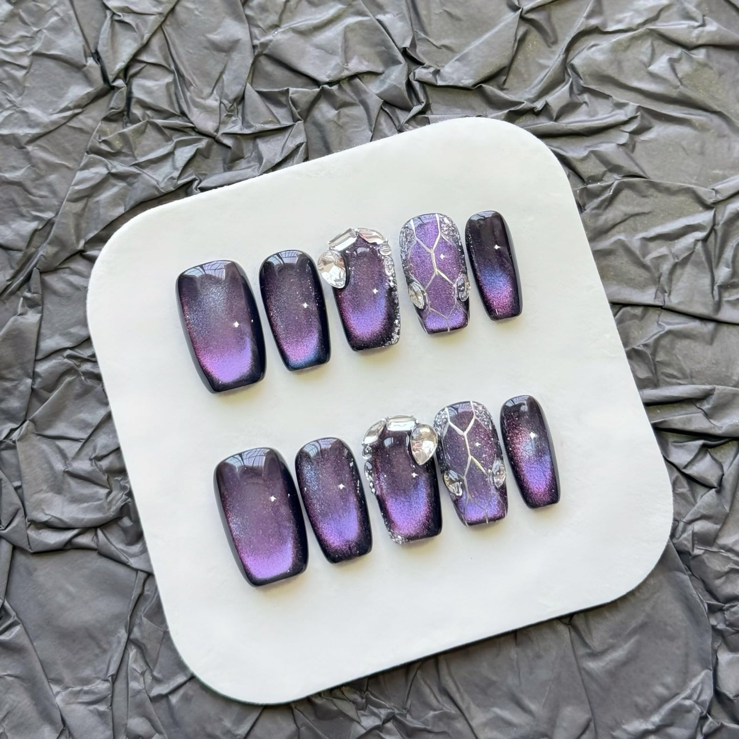 Purple Cat Eye Press On Nails - Galaxy Nebula Design with Crystal & Cracked Stone Accents, Short Coffin Shape, Reusable False Nails for Women (L)