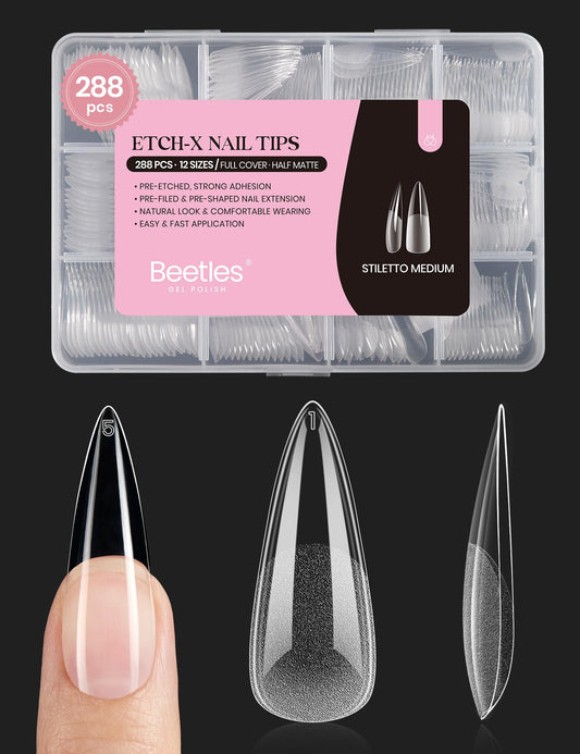 Beetles Gel Nail Tips Etch-X, Stiletto Medium, 288Pcs 12 Sizes, Pre-Etched Half Matte Full Cover Soft Acrylic False Nail Tips Pre-Shaped Easy DIY Fake Nail Extension Salon Gift for Women