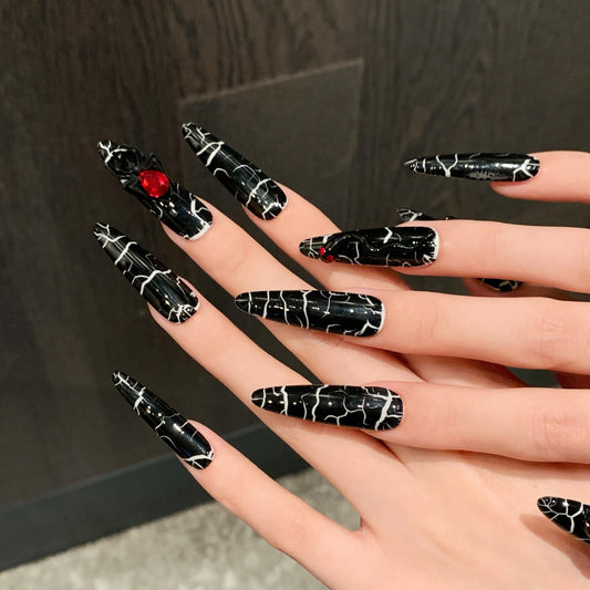 Tesytto Gothic Press on Nails Long Almond - Edgy Black Cracked Nail Art with 3D Spider & Snake Charms, Multi-Layer Gel Reusable Acrylic Nails for Halloween (Nightfall Nymph,M)