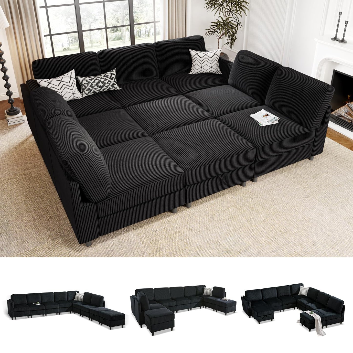 KKL 9 Seater Oversized Sofa Bed - 3 * 3 Modular Sectional Large Sofa Bed for Family, Sofa Couch with Storage Ottoman, Convertible L/U-Shaped Sleeper Lounge Couch for Living Room