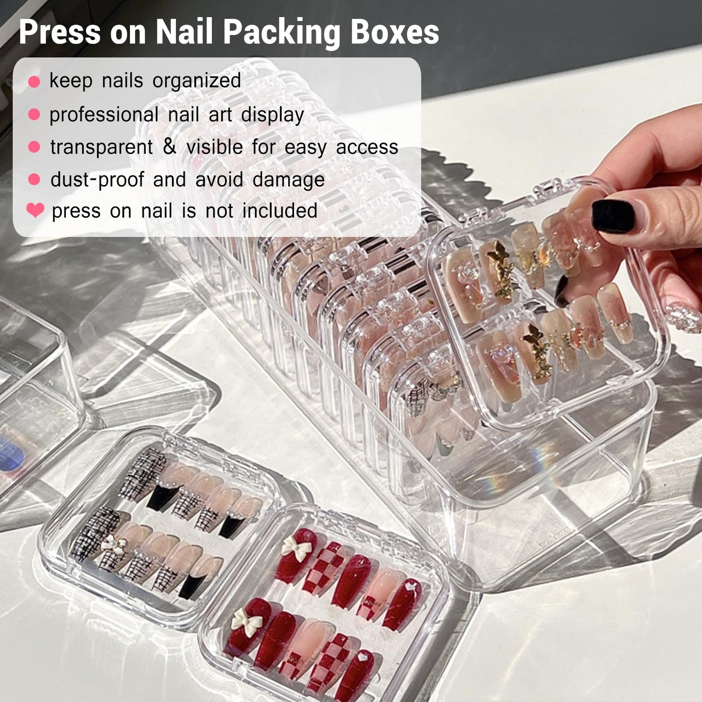 12Pcs Press on Nail Packaging Boxes, False Nail Container Organizer Clear Nail Display Case with 1 All-In-One Acrylic Storage Box and 30pcs Double-sided Adhesive Tape for Nail Art Salon Home Use