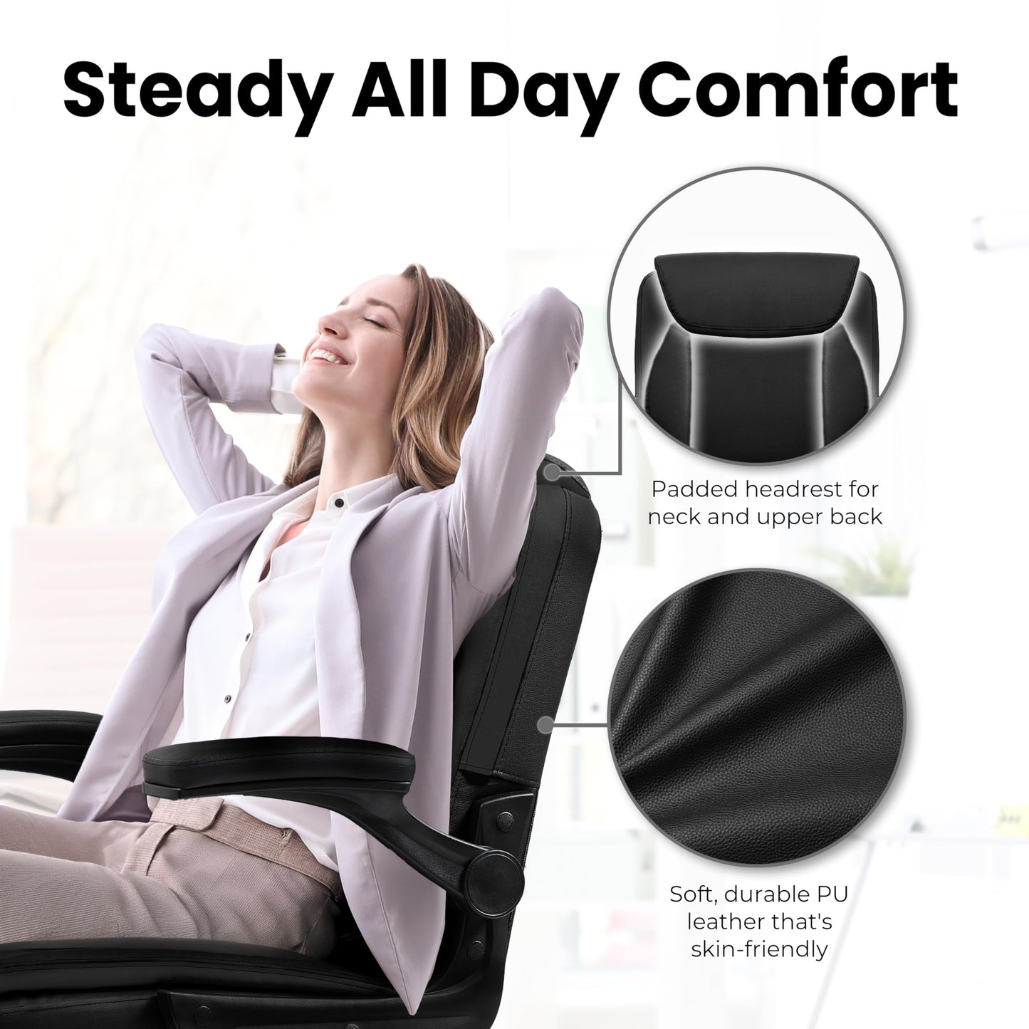 NEO CHAIR Desk Office Gaming Computer Chair Ergonomic Executive Mid-Back Leather with Adjustable Padded Flip-Up Armrests Cushion Wheels Swivel for Home Study Task (Black White)