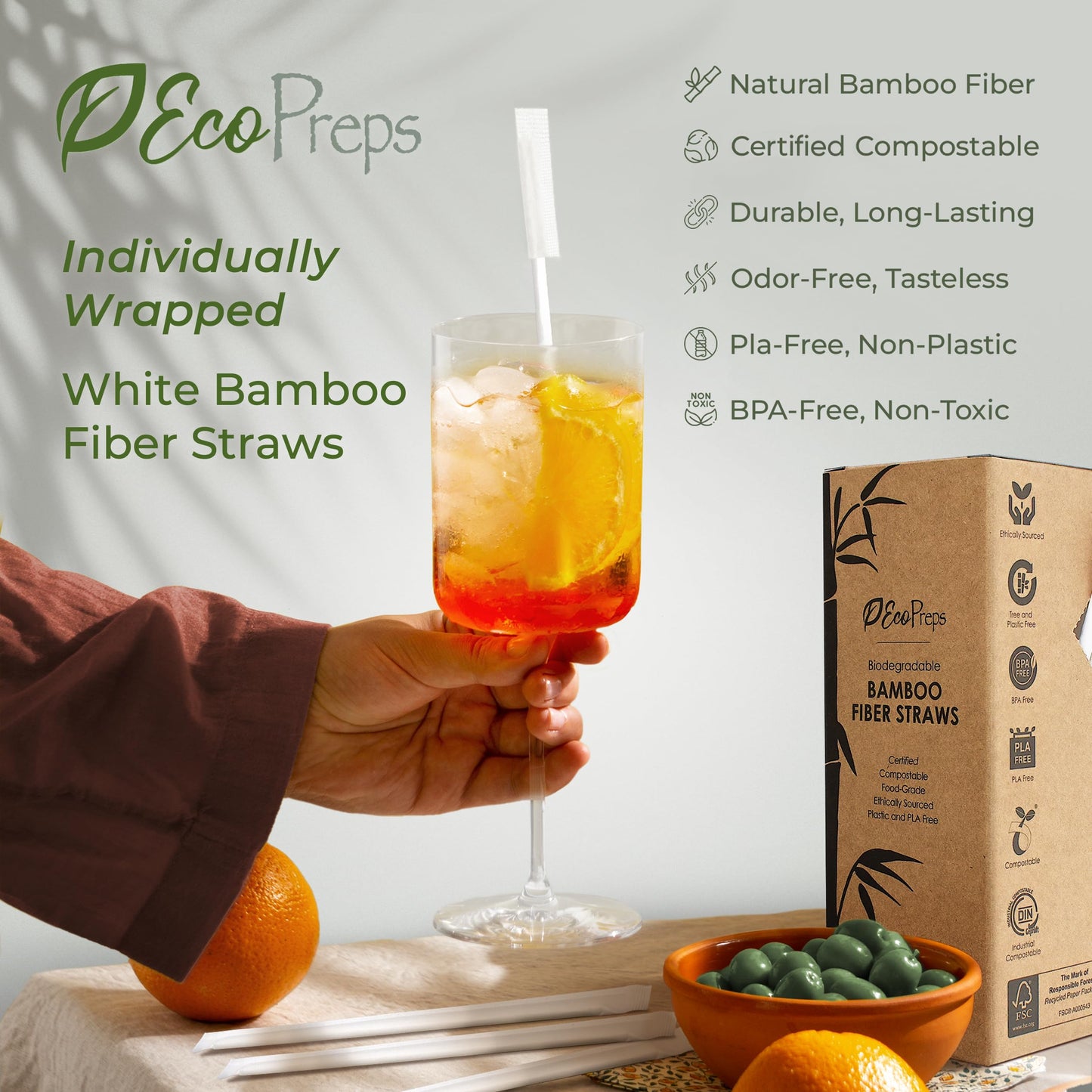 EcoPreps Biodegradable Bamboo Fiber Straws, Plastic-Free Individually Wrapped Straws | 100 Count, 100% Compostable, Eco-Friendly Drinking Straw | 7.8'' Plant Fiber Disposable Straw in White Paper Wrap