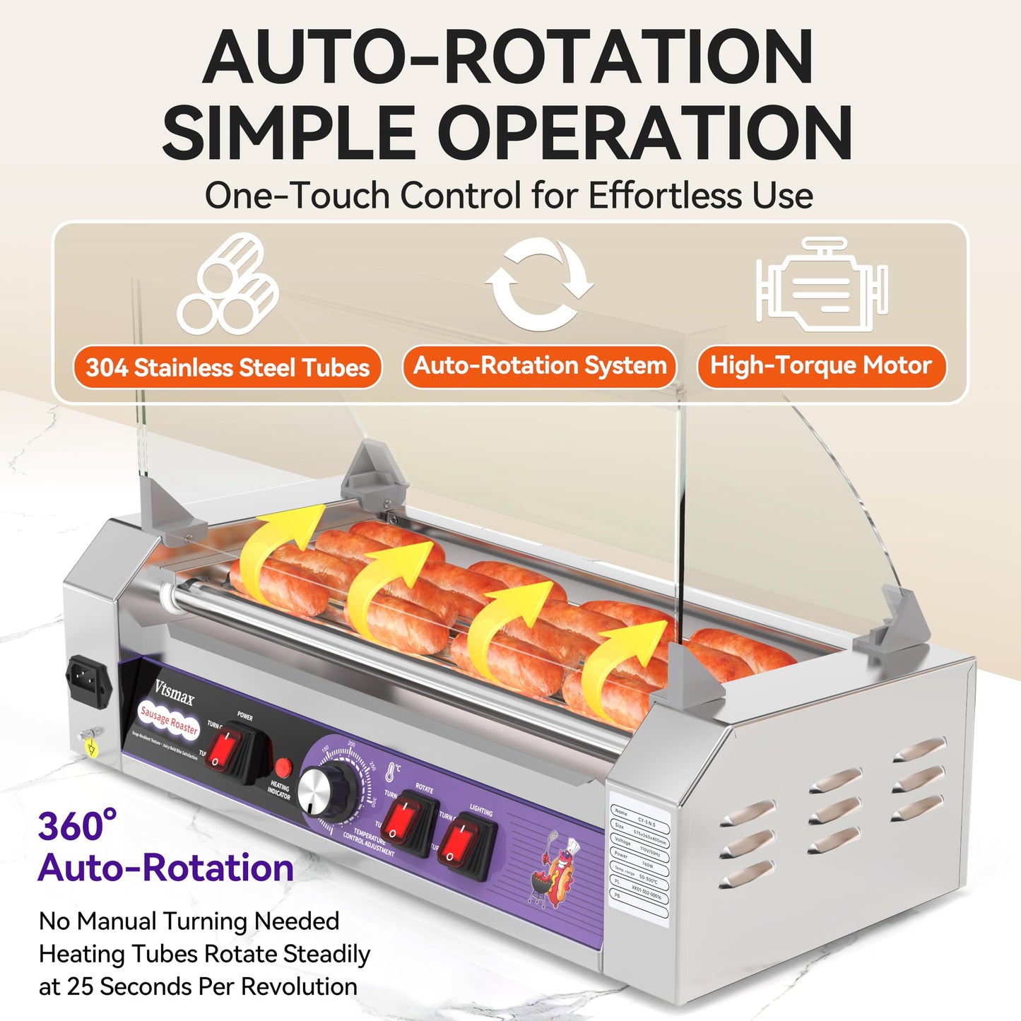 Commercial Hot Dog Roller 5 Rollers, 304 Stainless Steel, 12 Hot Dogs Capacity, 760W Fast Heating, Removable Oil Drip Tray, for Party, Home & Food Truck