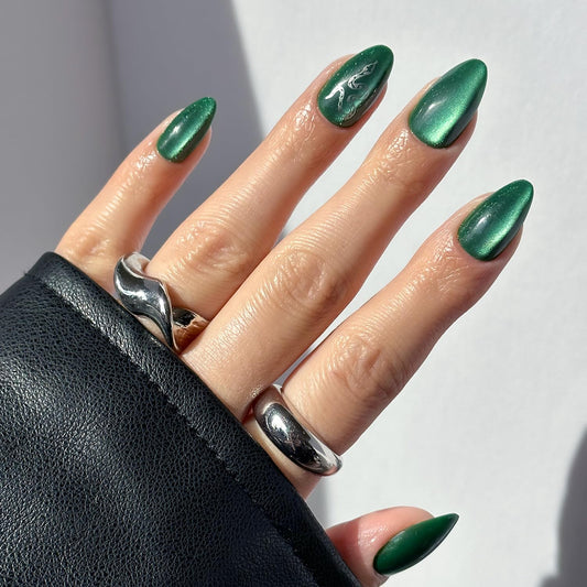 Harry Potter™ x Glamnetic Press On Nails - Slytherin™ | Green Snake Serpent Graphic Short Almond Fake Nails in a Velvet Finish | 15 Sizes - 30 Nail Kit with Glue