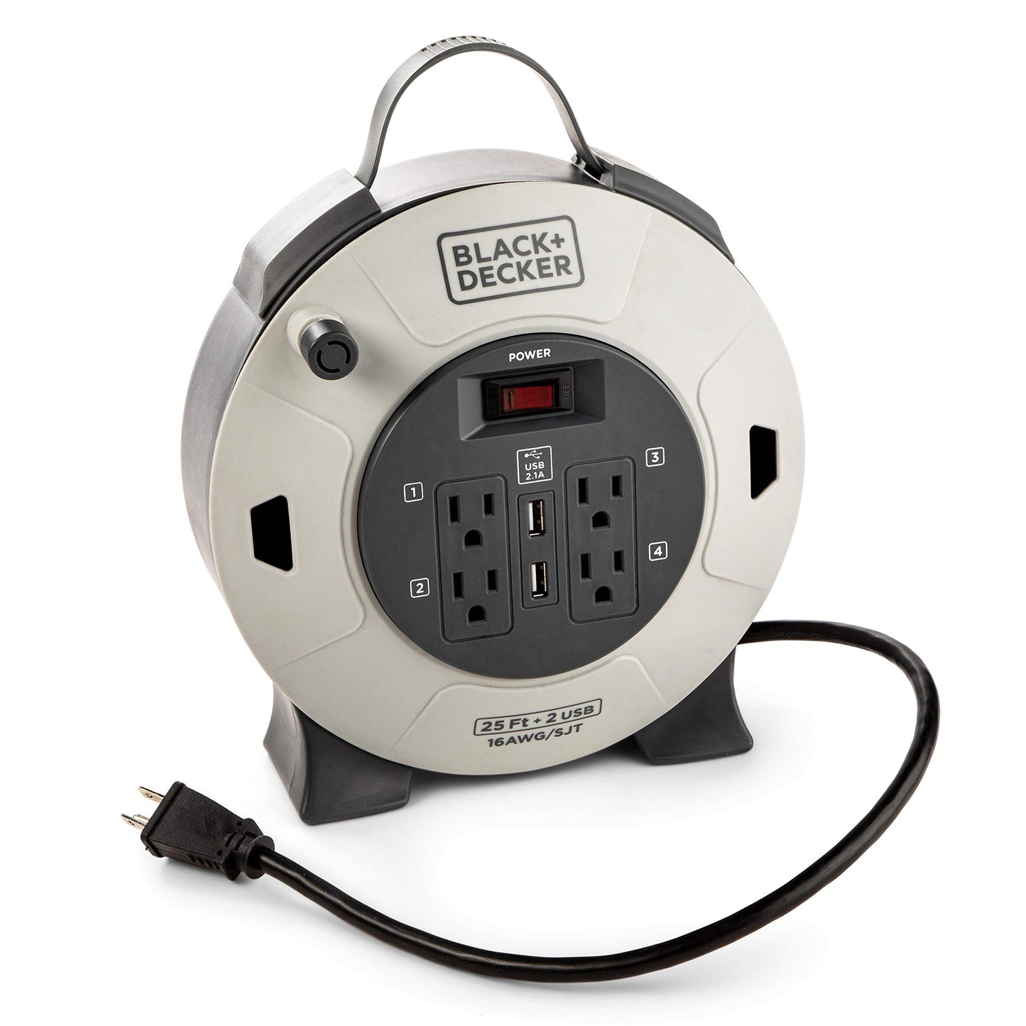 BLACK+DECKER 25 Ft. Retractable Extension Cord Reel with 4 Outlets, 2 USB Ports, Multi-Plug Extension, On/Off Switch & Heavy-Duty 16AWG SJT Cable
