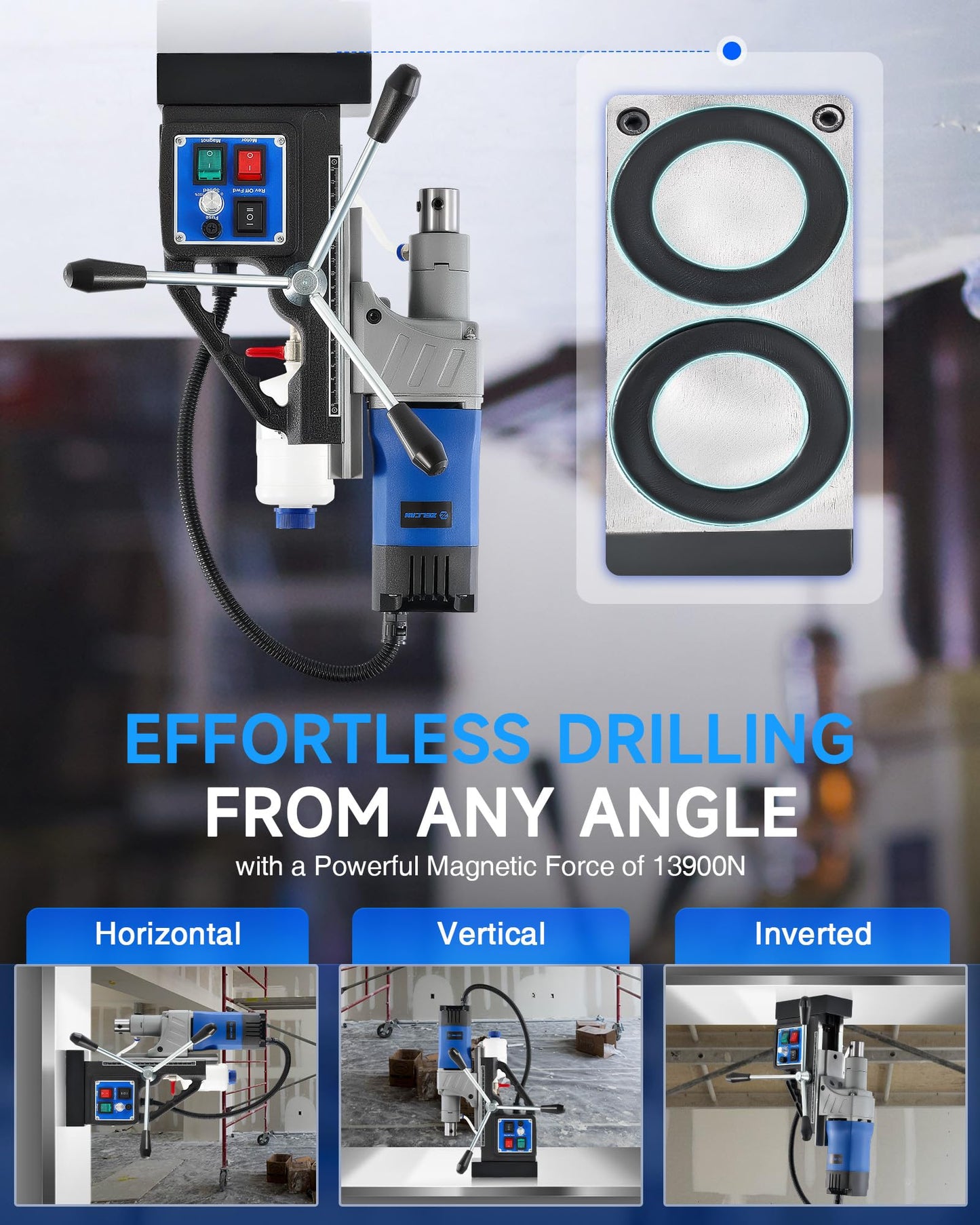 ZELCAN Mag Drill Press, 1550W Portable Magnetic Drill Press with 2" Boring Diameter, 0-580 rpm Stepless Speed & Reversible Direction, 2922 lbf Mag Force Electric Drilling Machine for Metal Surface