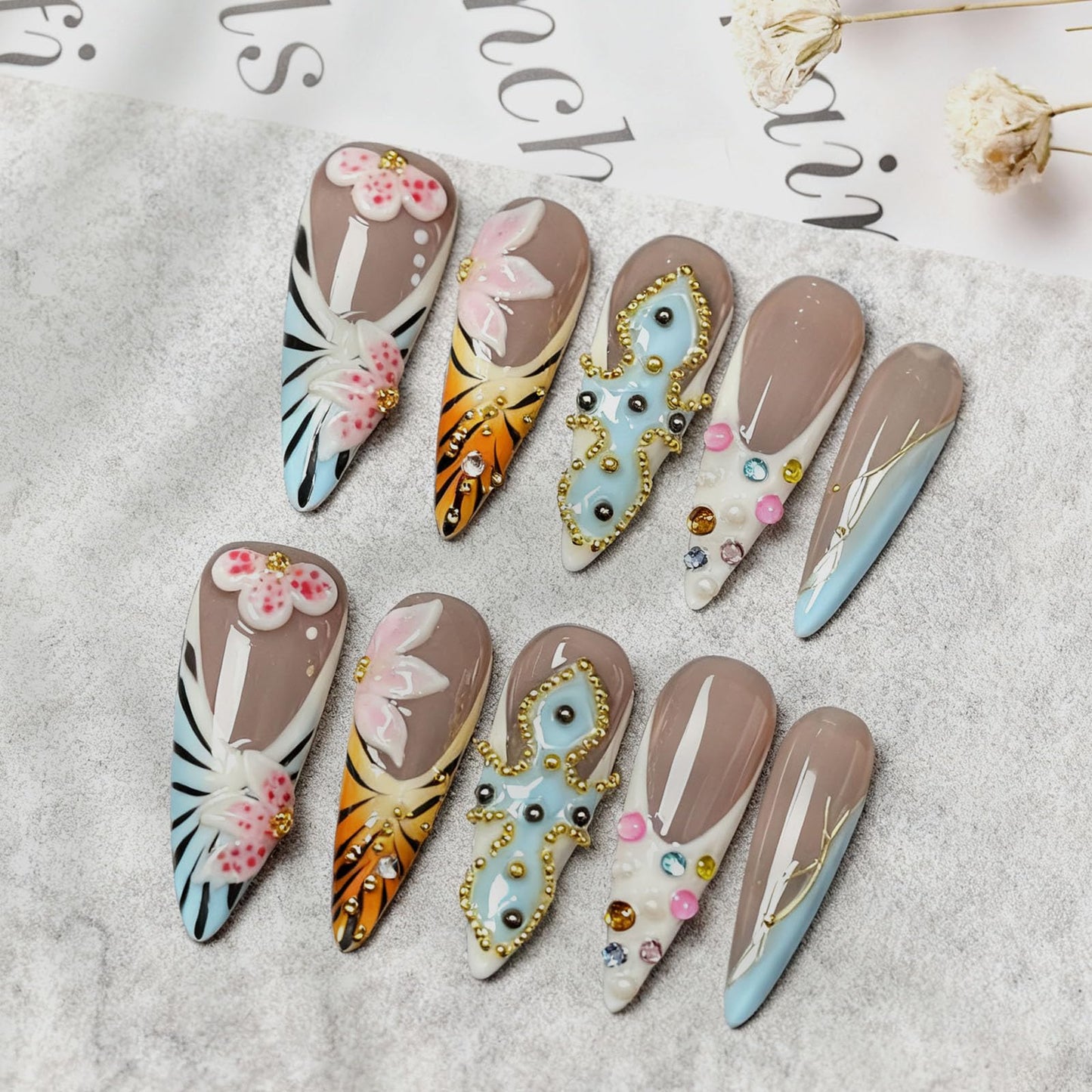 10 Pcs Handmade Acrylic Press on Nails Long Stiletto Fake Nails with Design 3D Flower False Nails Leopard Print French Tip Artificial Stick on Nails for Women Wedding Manicure - Size M