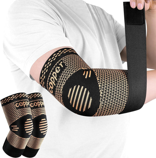 Copper Elbow Sleeve,Elbow Compression Sleeve, Elbow Brace For Tendonitis and Tennis Elbow,Golfers, Arthritis, Bursitis. Elbow Pain Relief,Weightlifting, Fit for Men & Women (Medium, Strap Style)