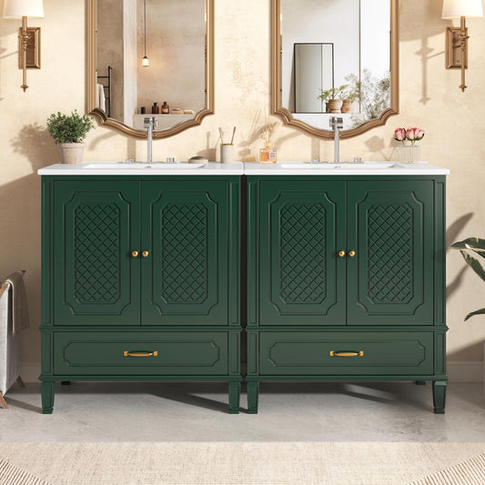60" Double Bathroom Vanity with Ceramic Sinks, Vintage Retro Storage Cabinet with Multi-Functional Drawer and Door Shelf, Solid Wood Frame, Soft-Closing Door, Green