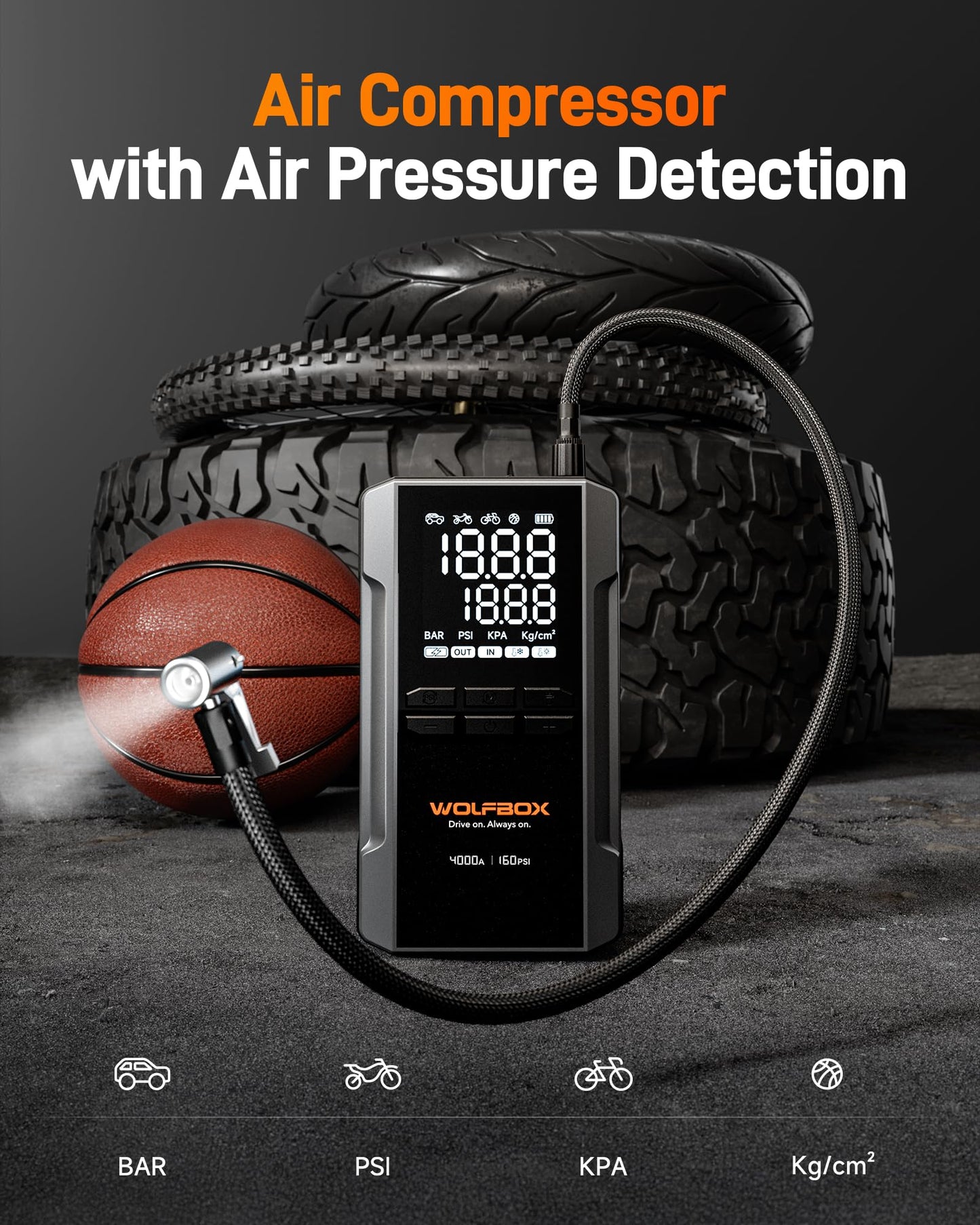 WOLFBOX 4000A Jump Starter with 160PSI air Compressor and 65W Fast Charge Adapter