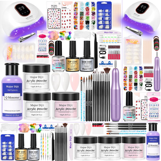 Major Dijit Acrylic Nail Kit with Drill Clear White Pink Acrylic Powder Acrylic Liquid Top Coat Base Coat Nail Primer Set for Beginners with Everything DIY Nail Art Tool Gift Home Salon