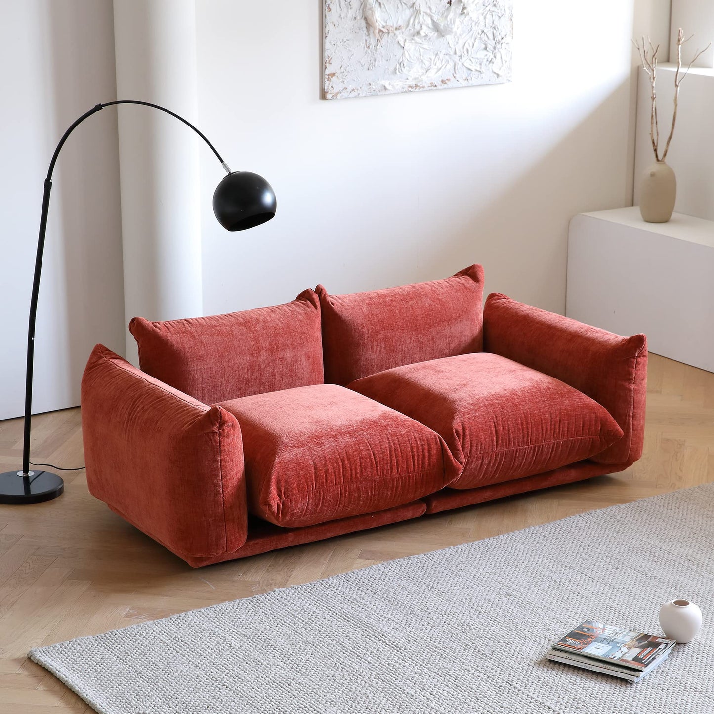 WJShome Modular Sectional Couch, Lovesofa Convertible Sofa, 77.16in Minimalist Modern Chenille Yarn 2 Seater Living Room Sofa Set for Office & House, Red