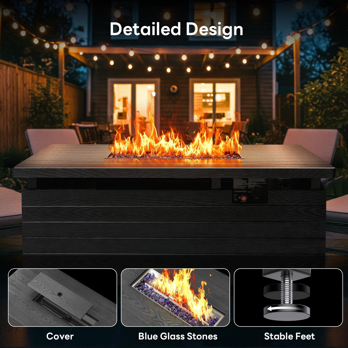 50” Outdoor Propane Fire Pit Table, 50,000 BTU Rectangular Gas Fire Pit with Lid & Blue Crystal Stones, Steel Tabletop, Adjustable Flame, 4-in-1 FirePit Table for Patio, Backyard, Outdoor Gatherings