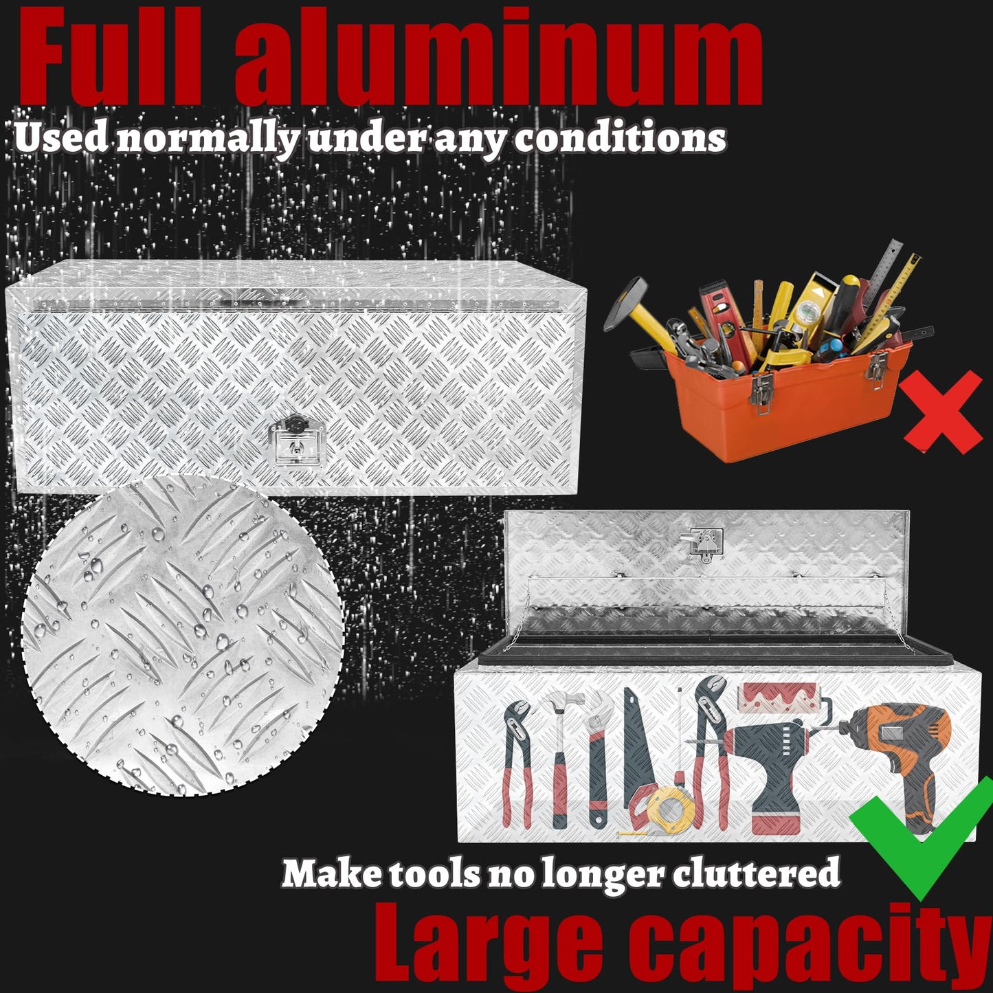 Fsehyue 48x17x18 Inch Aluminum Truck Tool Box Heavy Duty Pickup Storage Box Underbody Truck Box Diamond Plate Toolboxes with Lock and Keys Suitable for Truck Bed Pickup RV Trailer