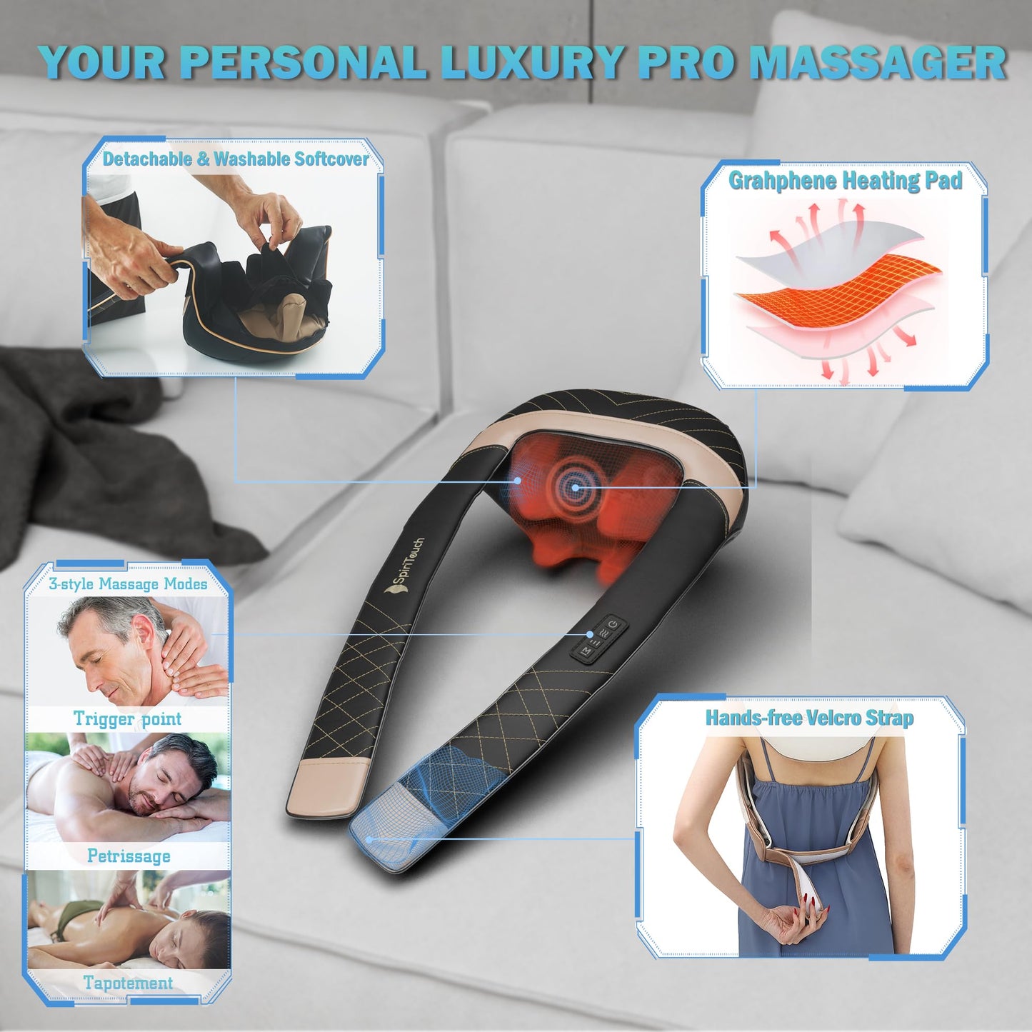 SpiriTouch Pro Shiatsu Neck Massager with Heat,4D Heated Neck and Shoulder Massager,Neck Massager for Pain Relief Deep Tissue,Shoulder Massager with Heat, Kneading Massager Machine for Pain Relief