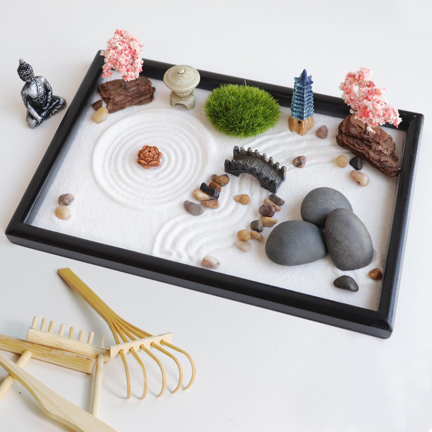 SUMWE Zen Garden for Desk Mini Japanese Desktop Sand Office Miniature Zen Garden Box with Kit 11.8 X 7.9 in