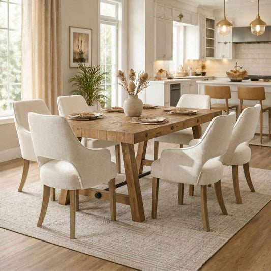 DM Furniture 7-Piece Farmhouse Wooden Dining Room Table Set for 6, 59" Reclaimed Wood Dining Table with Upholstered Chairs, Solid Wood Kitchen Table & Chair Set for Dining/Kitchen Room, Brown