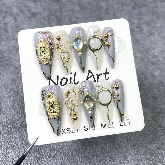 Handmade Press On Nails Short Almond White Homemade Press On Nails French Tip With 3D Design Fake Nail Art For Women M
