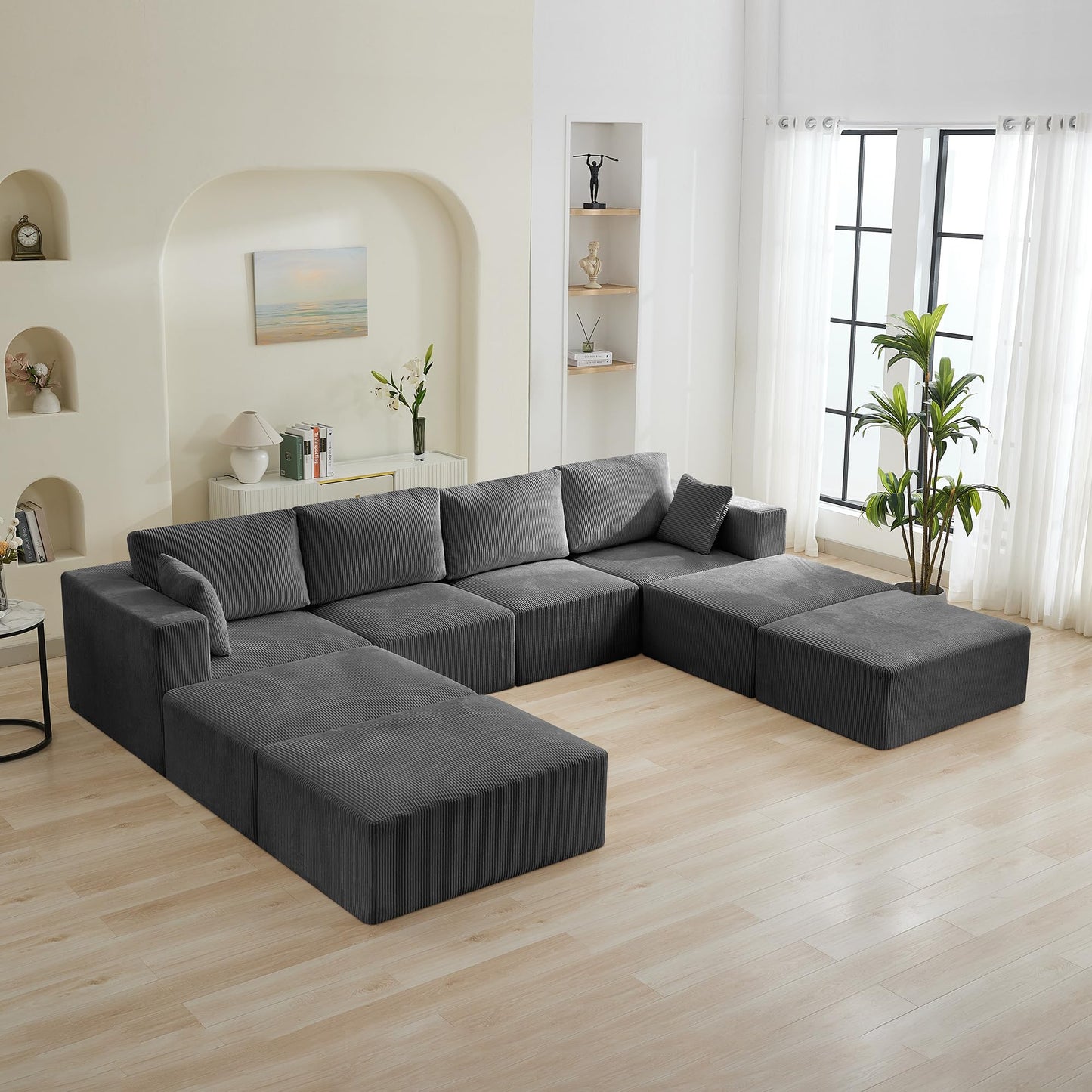 WUTUTUEE 146'' Oversized Boneless Sofa Bed, 4 Seater Modular Sectional Couch with 4 Moveable Ottoman, No Asswmbly Corduroy Compression Sofas with Chaise for Home House, Grey