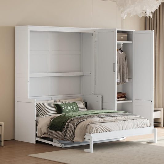 Ball & Cast Queen Size Murphy Bed Wall Bed with Built-in Wardrobe Storage and Hydraulic Lift System,Wood Hideaway Cabinet Platform Bedframe w/Slat Support,can be Folded,for Small Room,Dorms,White