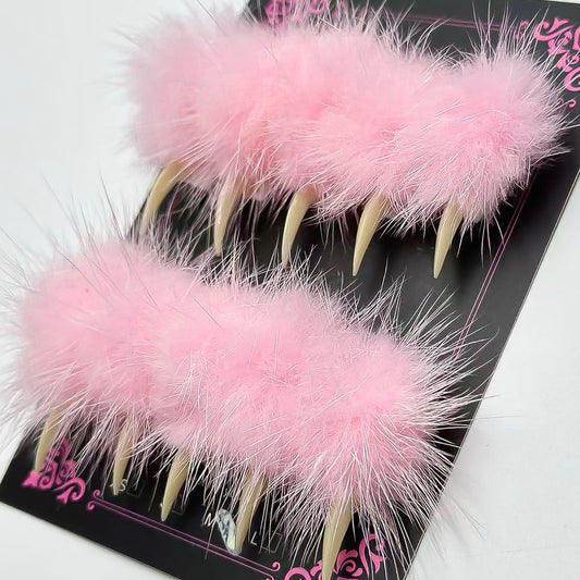 Halloween Press on Nails Luxury Medium Stiletto Handmade Eagle Claw Unique Reusable ABS Material Curved Fake Nails Dragon Cat Claw False Nails with Pink Fur Glossy Glue on Nail Thick Acrylic Nail(M)