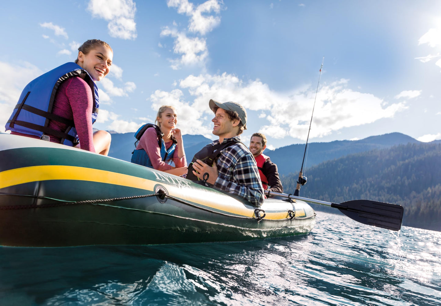 INTEX 68351EP Seahawk 4 Inflatable Boat Set: Includes Deluxe 54in Boat Oars and High-Output Pump – SuperStrong PVC – Fishing Rod Holders – 4-Person – 1050lb Weight Capacity