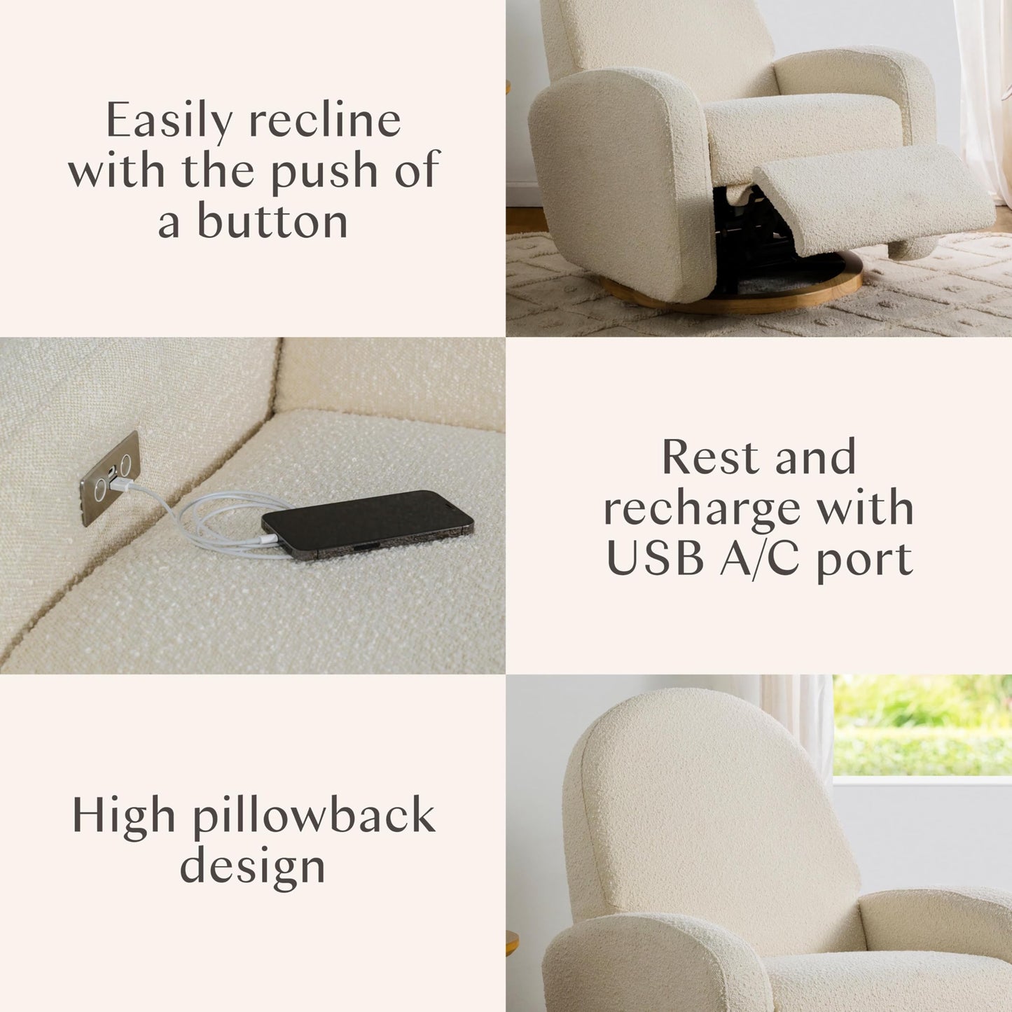 Babyletto Nami Electronic Power Recliner and Swivel Glider with USB Port in Ivory Boucle with Light Wood Base, Greenguard Gold and CertiPUR-US Certified