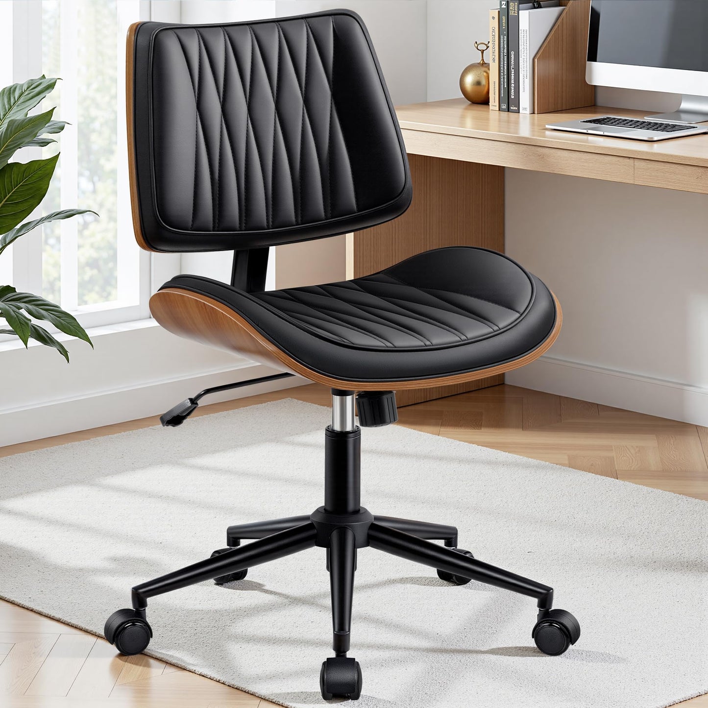 Ergonomic Armless Office Desk Chair - Mid-Century Modern Black Faux Leather with Diamond Stitch, Adjustable Height Swivel Rolling Task Computer Chair with Walnut Accent for Home Office, Study & Work
