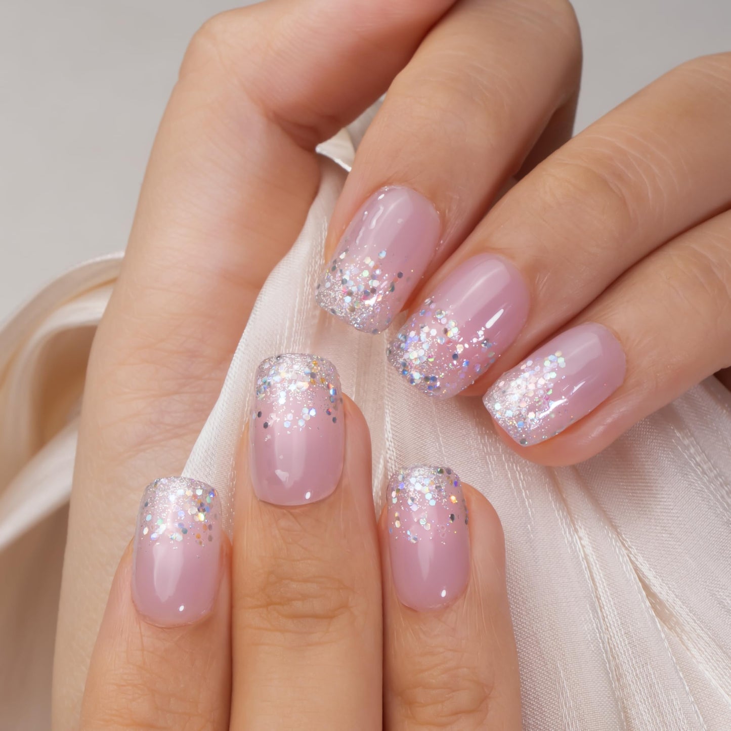 CurvLife Soft Gel Square Press on Nails Short, Shining French Nail Tips, 30pcs Full Cover Design Reusable Fake Nails Kit with Glue and Adhesive Tabs