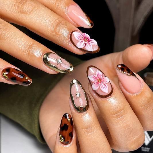 Medium Press on Nails Almond Fake Nails Brown Artificial Nail Tortoise Stick on Nail with 3D Flower Gold Frame Rhinestone Accent for Women 30pcs
