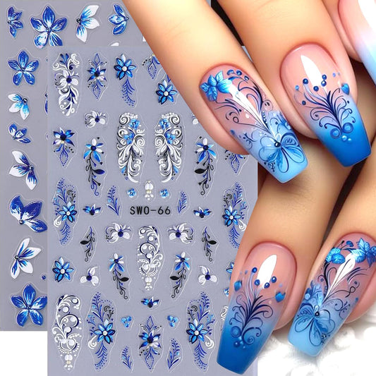 2Sheets Blue White Lily Flower Nail Art Stickers 5D Embossed Blue Flowers Vine Design Nail Decals Self-Adhesive Cute Floral Petals Nail Sticker Sliders for Women DIY Spring Summer Nails Decor Supplies