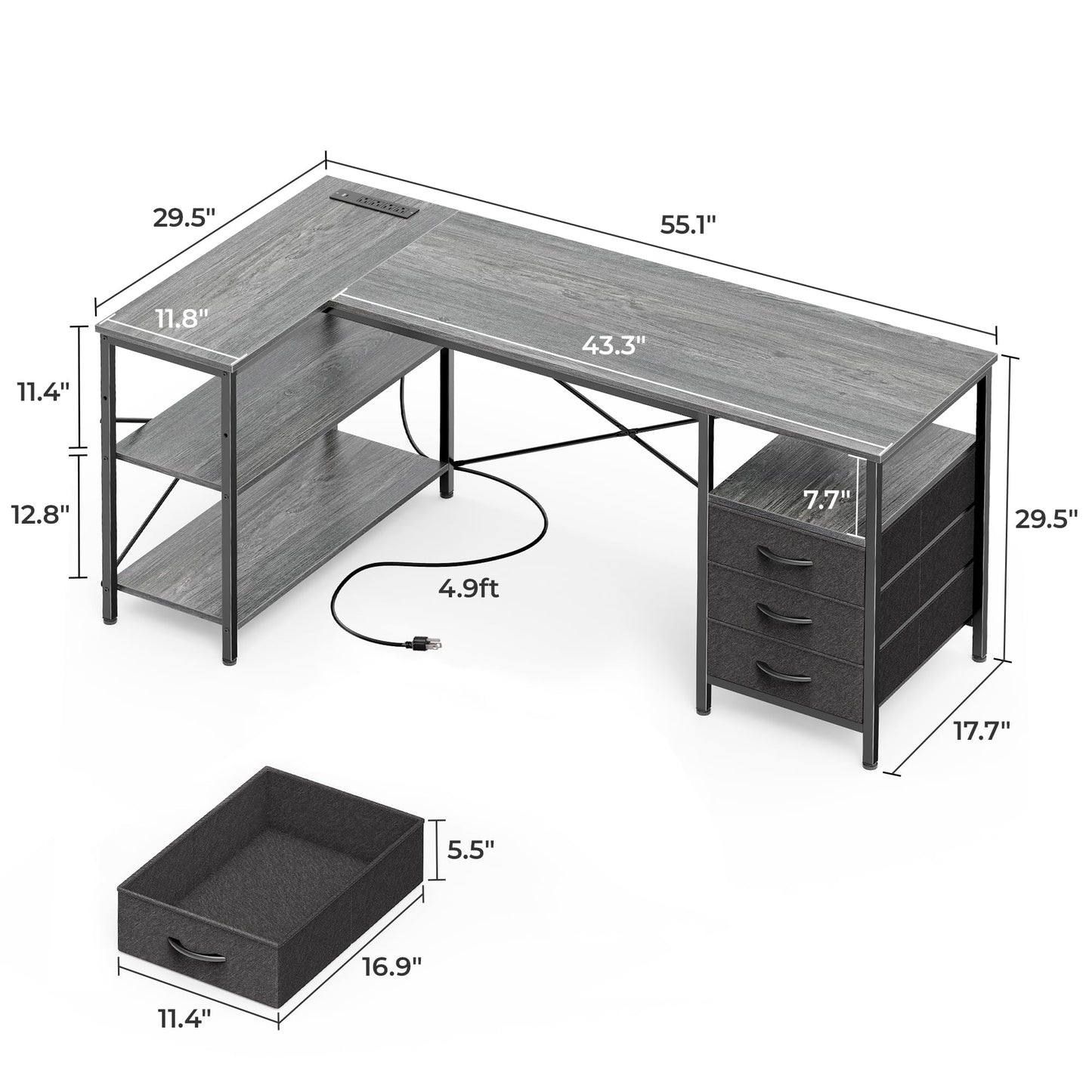 Huuger L Shaped Office Desk with Power Outlets, 55 Inch Computer Desk with 3 Drawers, Shelves, Reverisble for Gaming Corner Work Home Office Study, Grey