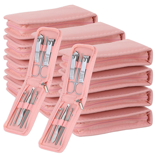 12 Sets Manicure Set, 8 in 1 Stainless Steel Nail Care Kit, Sturdy Manicure Tool Kits with Travel Case, Nail Grooming Kit Gift, for Men and Women(Pink)