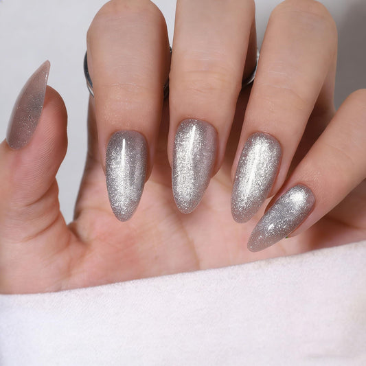 Silver Crystal Cat Eye Medium Almond Press on Nails - Chrome Magnetic Gel Nails Kit, Reusable 32 Pcs with Glue & 16 Sizes for Women, Parties, Events