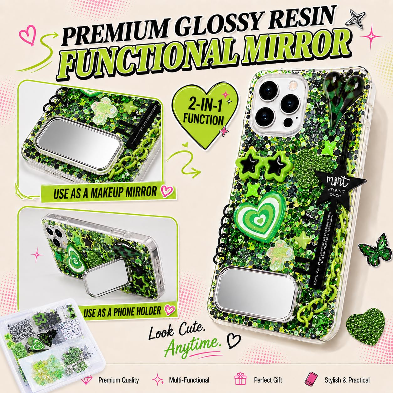 Prdingfy Green DIY Decoration Charms Kit, 3D Resin Flatback Charms with Stars, Starbursts, Flowers, Rhinestones, Moons & Bears for Phone Case Crafts & Nail Art Accessories