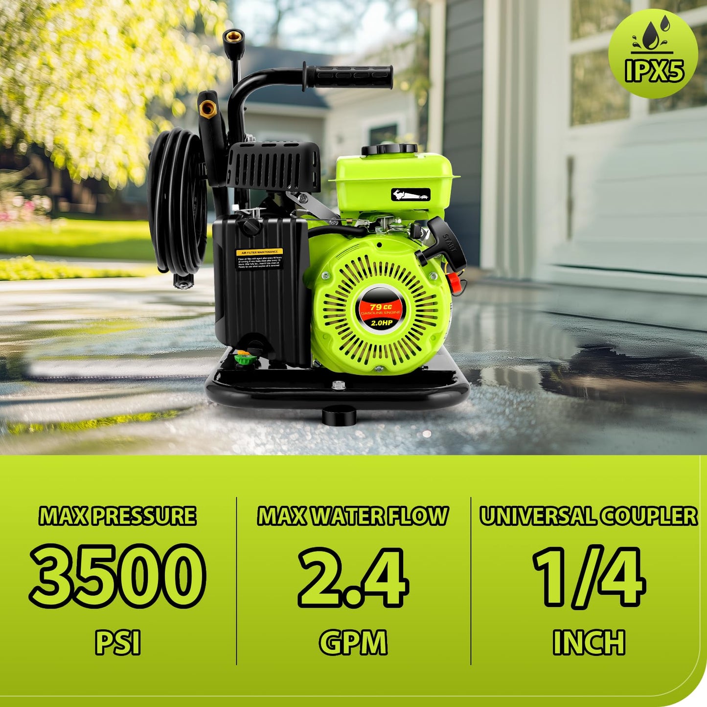 3500PSI Pressure Washer 2.4GPM Gas Power Washer 79CC Gas Powered Washing Machine Commercial High Pressure Washer with 25ft Hose&5 Nozzles for Patio Garden Yard Vehicle,EPA/CARB/ETL (Black & Green)
