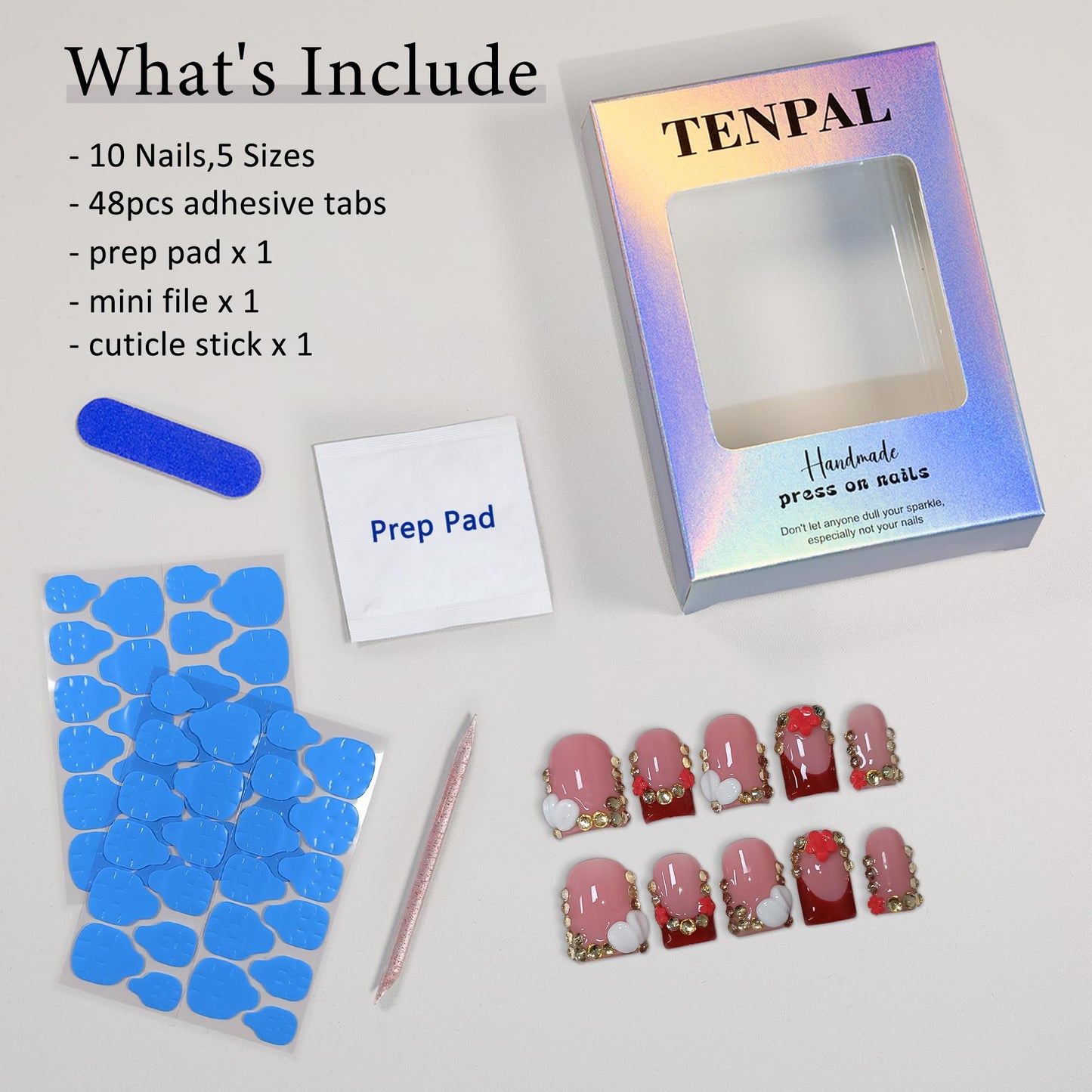 TENPAL Short Squoval Press on Nails - Red French Tip with Rhinestone Edge & Floral | Nude Pink Glossy Fake Nails | Clean Girl Manicure Set(S)