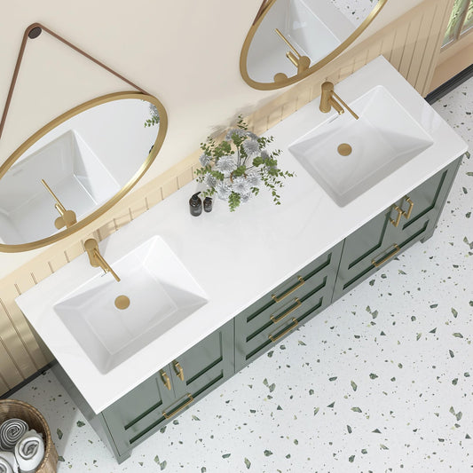 72 x 22 White Vanity Top with Sink Solid Surface Bathroom Vanity Sink Top with Double Sink Integrated Basin and Overflow in Glossy Pure White, Cabinet Not Included