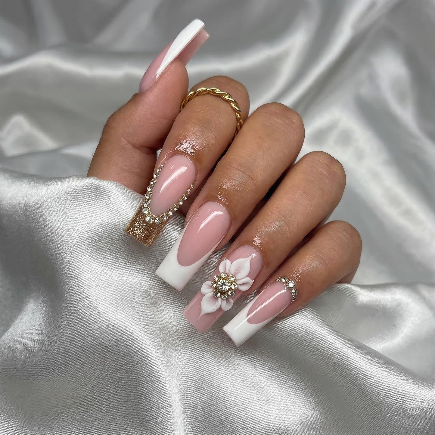 Long Press on Nails Square Fake Nails French White Acrylic Nail Press ons Seeneey Floral and Rhinestones Designs Sparkly Stick on Nail for Women 24pcs