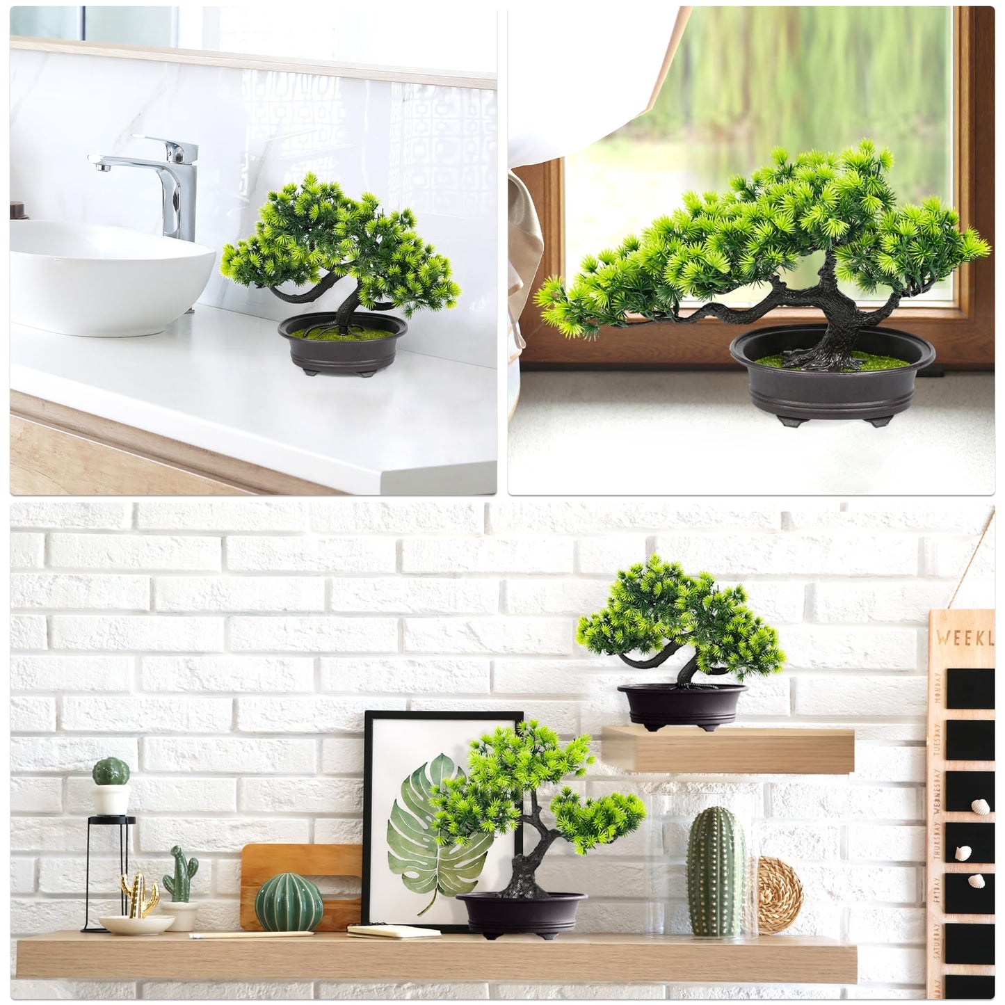 Artificial Bonsai Tree Fake Plants 3 POTS Artificial Plant Indoor Small Faux Juniper Decoration, Office Desk Shelf Bedroom Living Room Decor