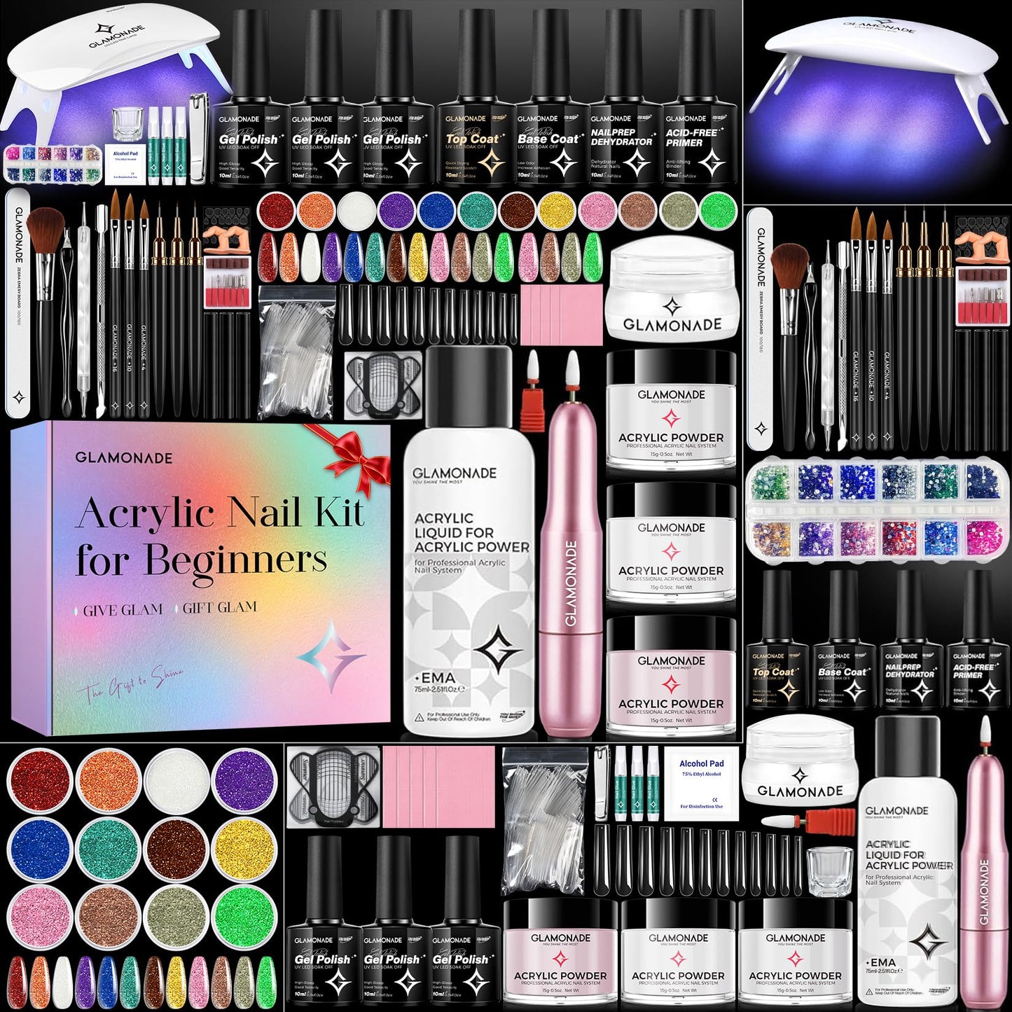 Glamonade Acrylic Nail Kit for Beginners: Professional Nail Set with Drill Acrylic Powder Gel Polish Nail Stamp for Home Starter Practice & DIY Manicure