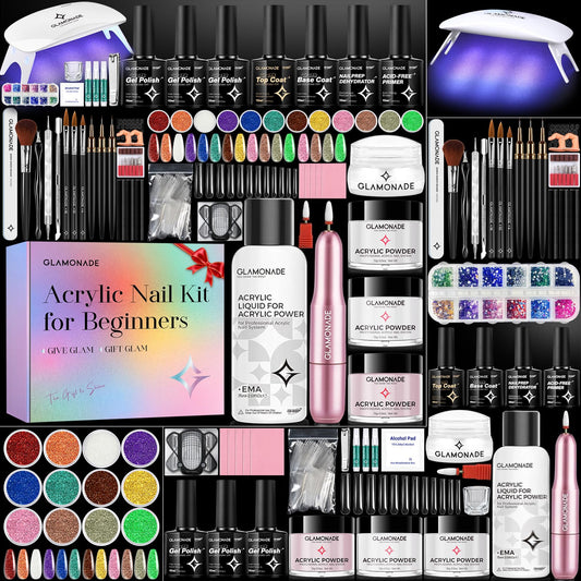 Glamonade Acrylic Nail Kit for Beginners: Professional Nail Set with Drill Acrylic Powder Gel Polish Nail Stamp for Home Starter Practice & DIY Manicure
